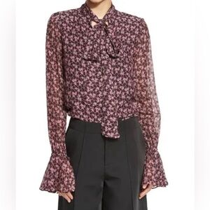 ALEXIS Romin Long Bell-Sleeve‎ Tie-Neck Printed Silk Blouse sz LG